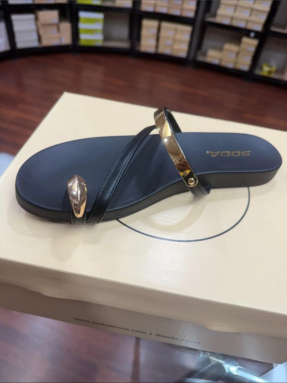 SODA Black Slide Sandal with Gold Accent